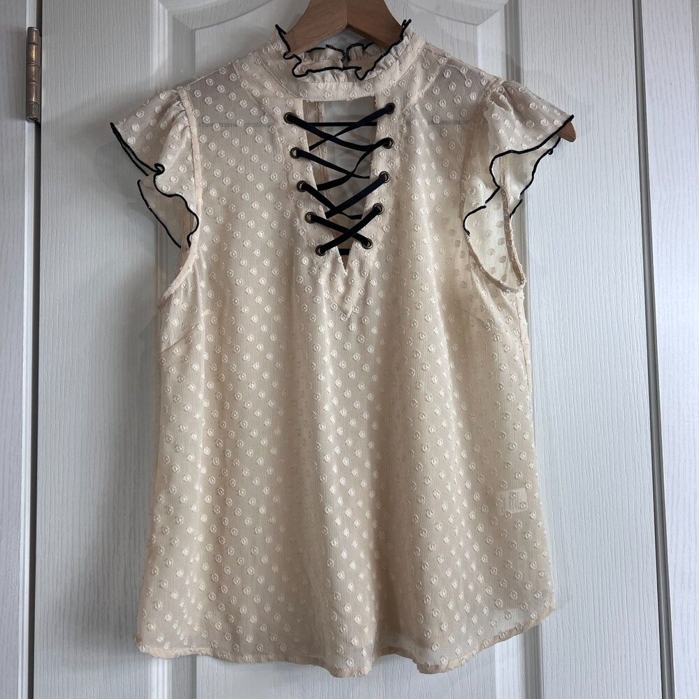 Living Doll Women's Cream Swiss Dot Black Trim Velvet Lace Up Blouse Top Size S